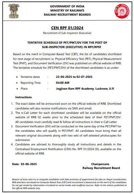 RPF SI PET PMT Date 2025