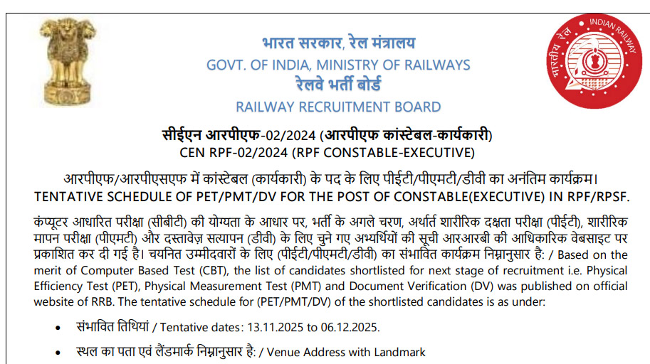 RPF Constable PET PMT Date 2025